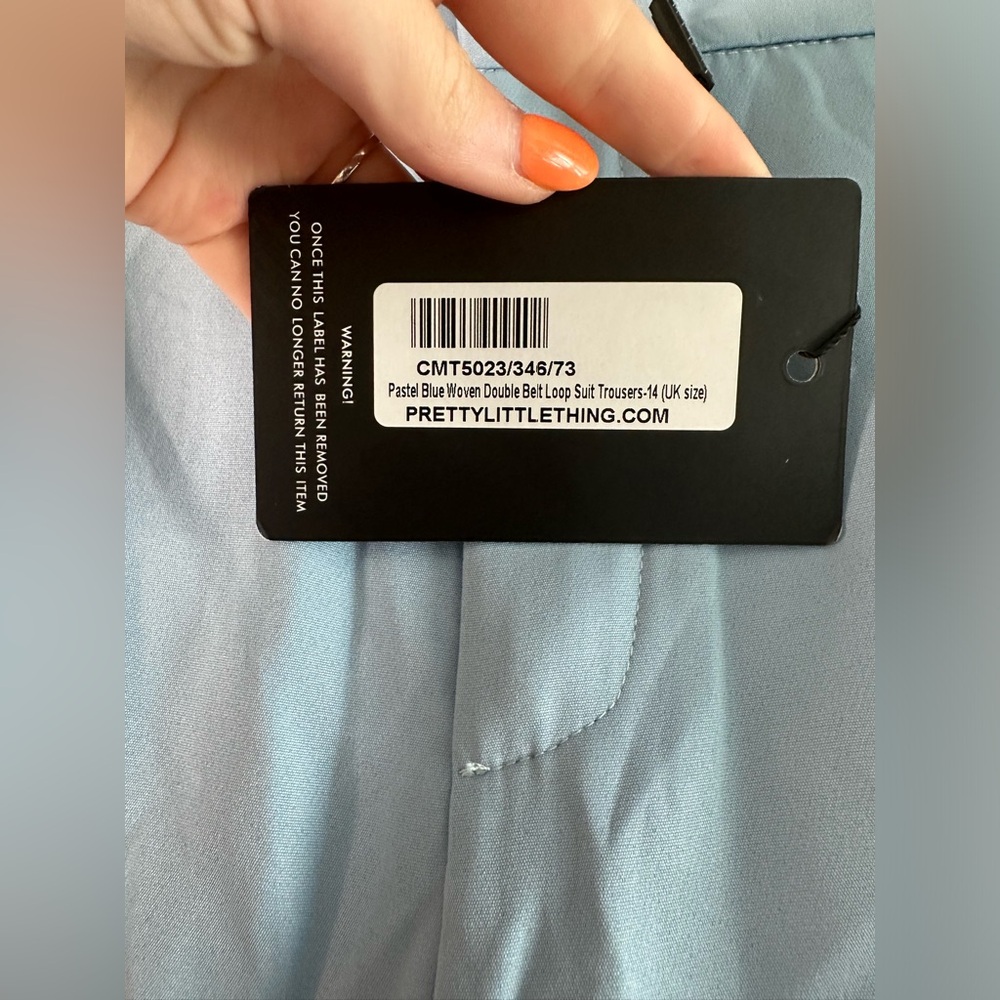 Pretty Little Thing- Pastel Blue Woven Double Belt Loop Trousers Size 14